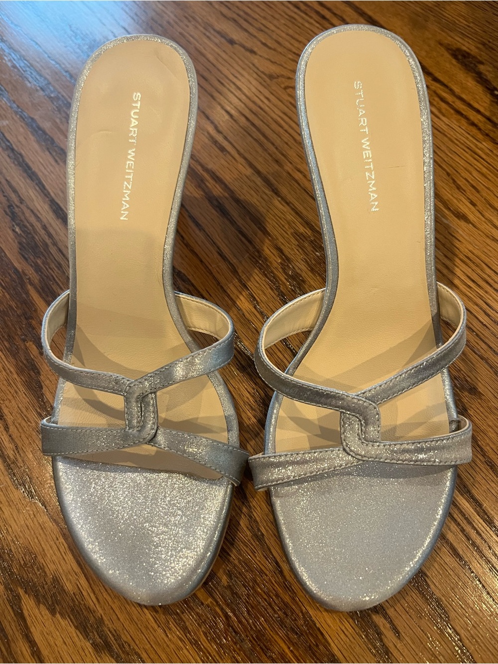 Stuart Weitzman Soirée Sleek 75 Silver Shimmer Satin Heeled Sandals  Size 6.5
